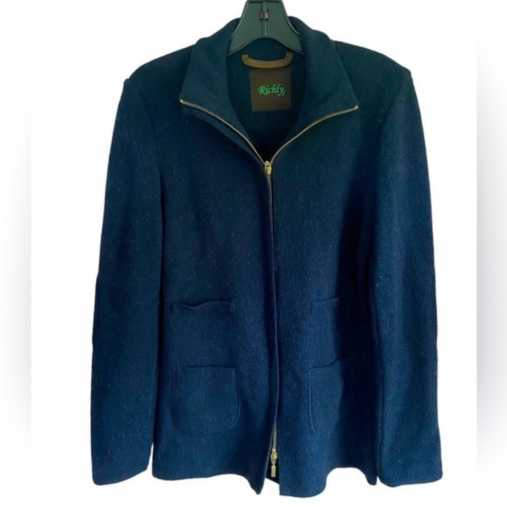 Richly Trend women’s cashmere pure wool viscose knit driving navy blue jacket S